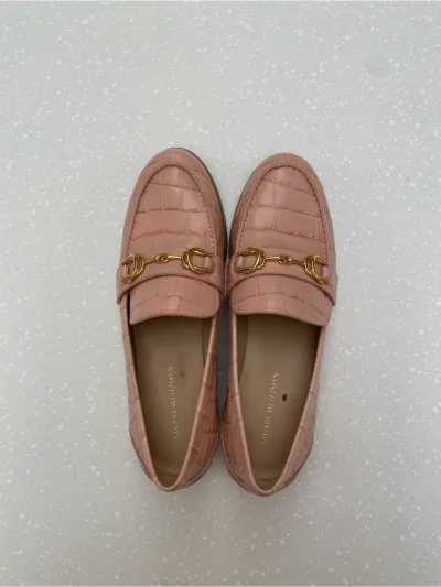 Brand New - Stuart Weitzman- Pink Croc-Embossedleather Loafers With Gold Bit