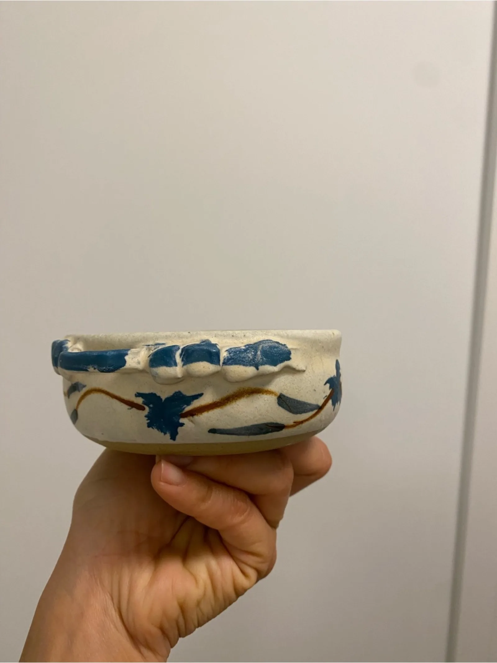 Signed Klaiman - Handcrafted Small Ceramic Bowl with Blue Floral Accents