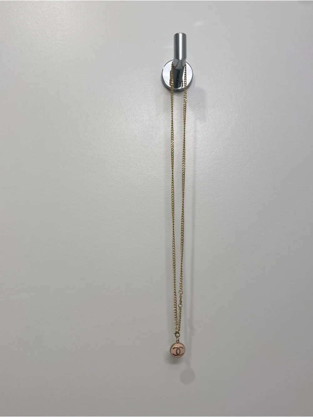 $65 Up Cycled Gold Chain Necklace With Pink Enamel Medallion Button Pendant