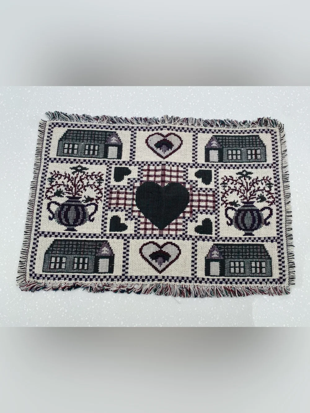 Set Of 2 Heart & Cottage Pattern Woven Fabric Placemat