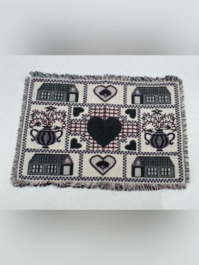 Set Of 2 Heart & Cottage Pattern Woven Fabric Placemat