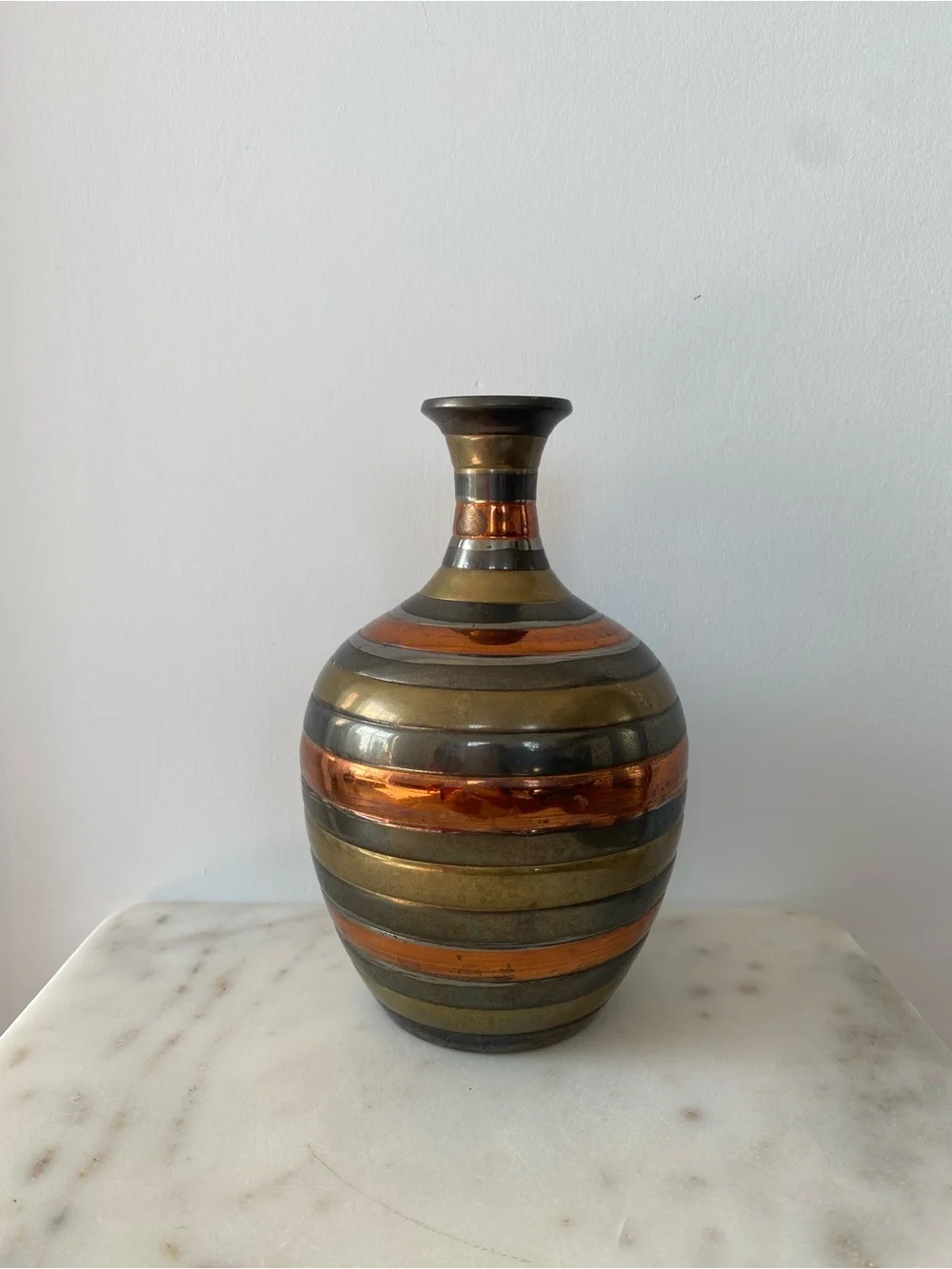 Brass & Copper Striped Small Vase, Assuming India C.1970.