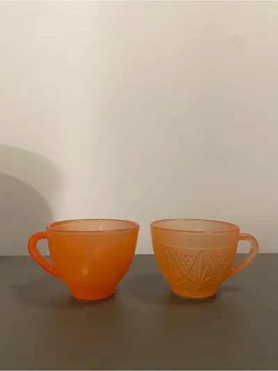 Peach Glass Teacup Set Of 2 Mismatched Kig & Firna Indonesia Retro