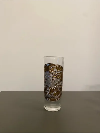 Durango Mexico Tequila Shot Glass Metal Emblem Charro Horse Caballito