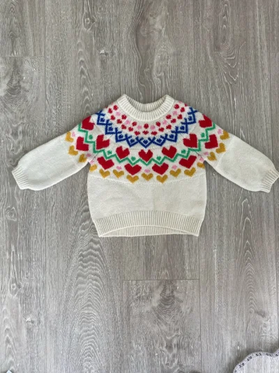 12Month - 18M - Cream Fair Isle Heart Pattern Baby Sweater