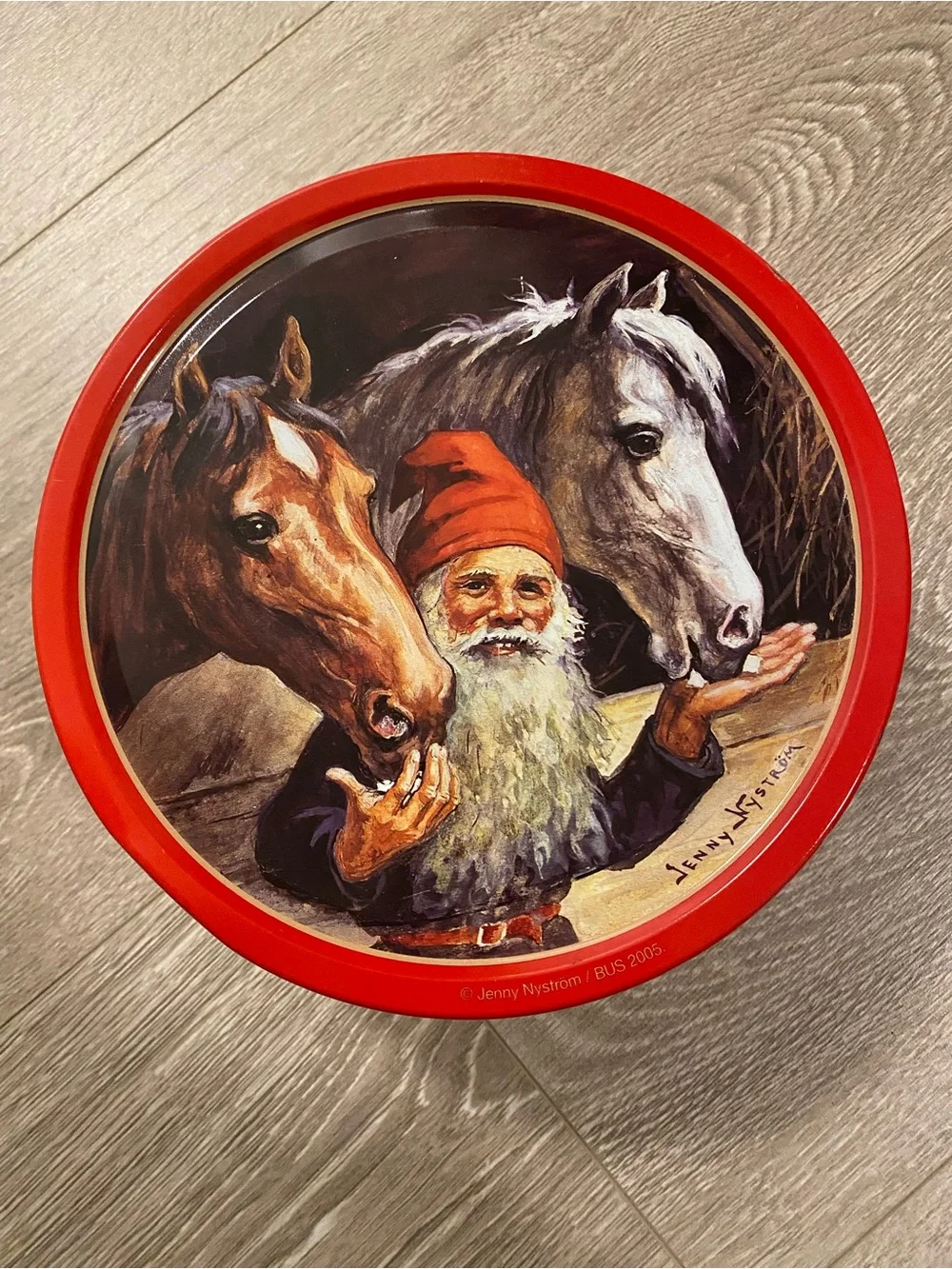 Jenny Nystrom Gnome & Horses Decorative Tin - Red Trim - Cookie Tin Box