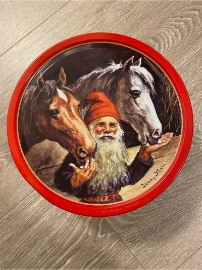 Jenny Nystrom Gnome & Horses Decorative Tin - Red Trim - Cookie Tin Box
