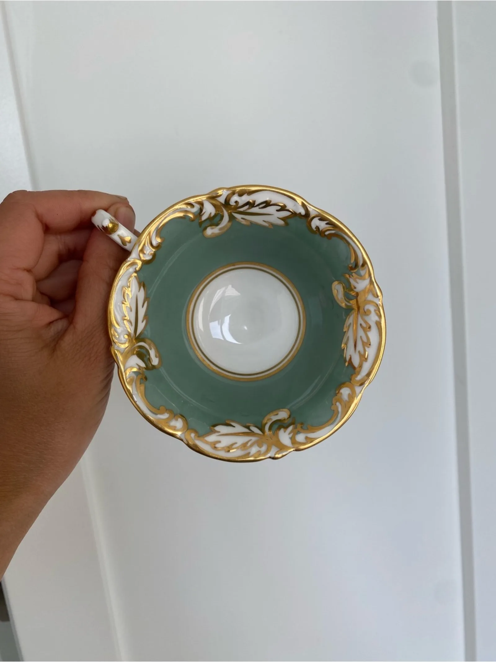 Paragon Warranted Teacup and Saucer - Golden Leaves on Green Celadon - 1950's