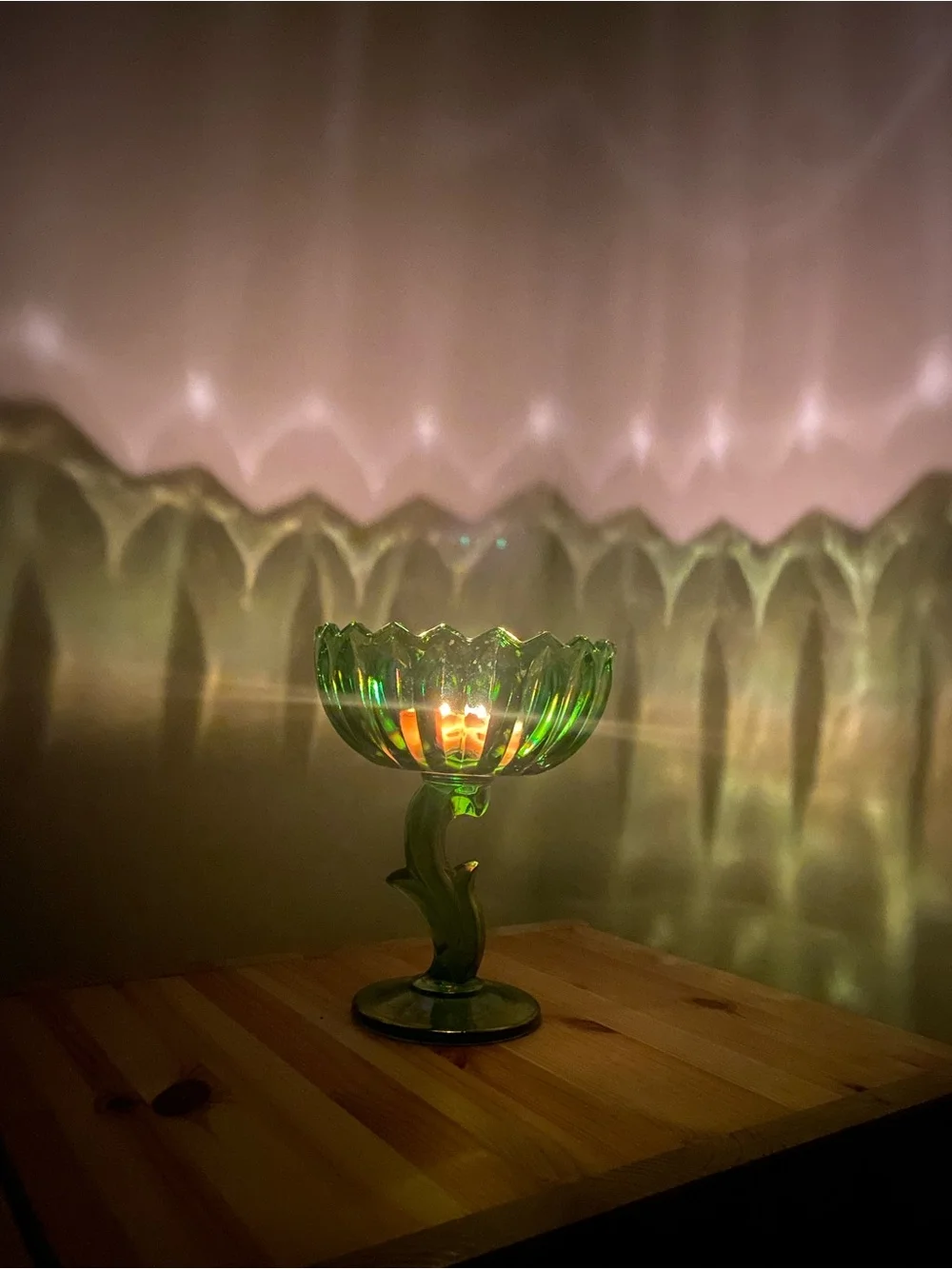 Indian Glass Co Lotus Blossom Compote Iridescent Green Candle Holder