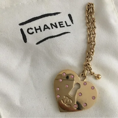 Authentic Chanel Rhinestone- Heart Key Chain