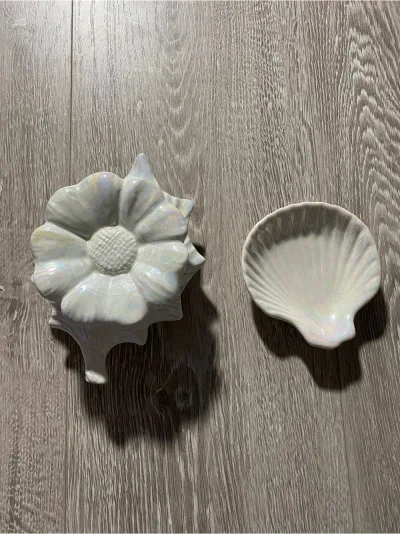 Iridescent White Ceramic Flower Trinket Dish & Shell Bowl
