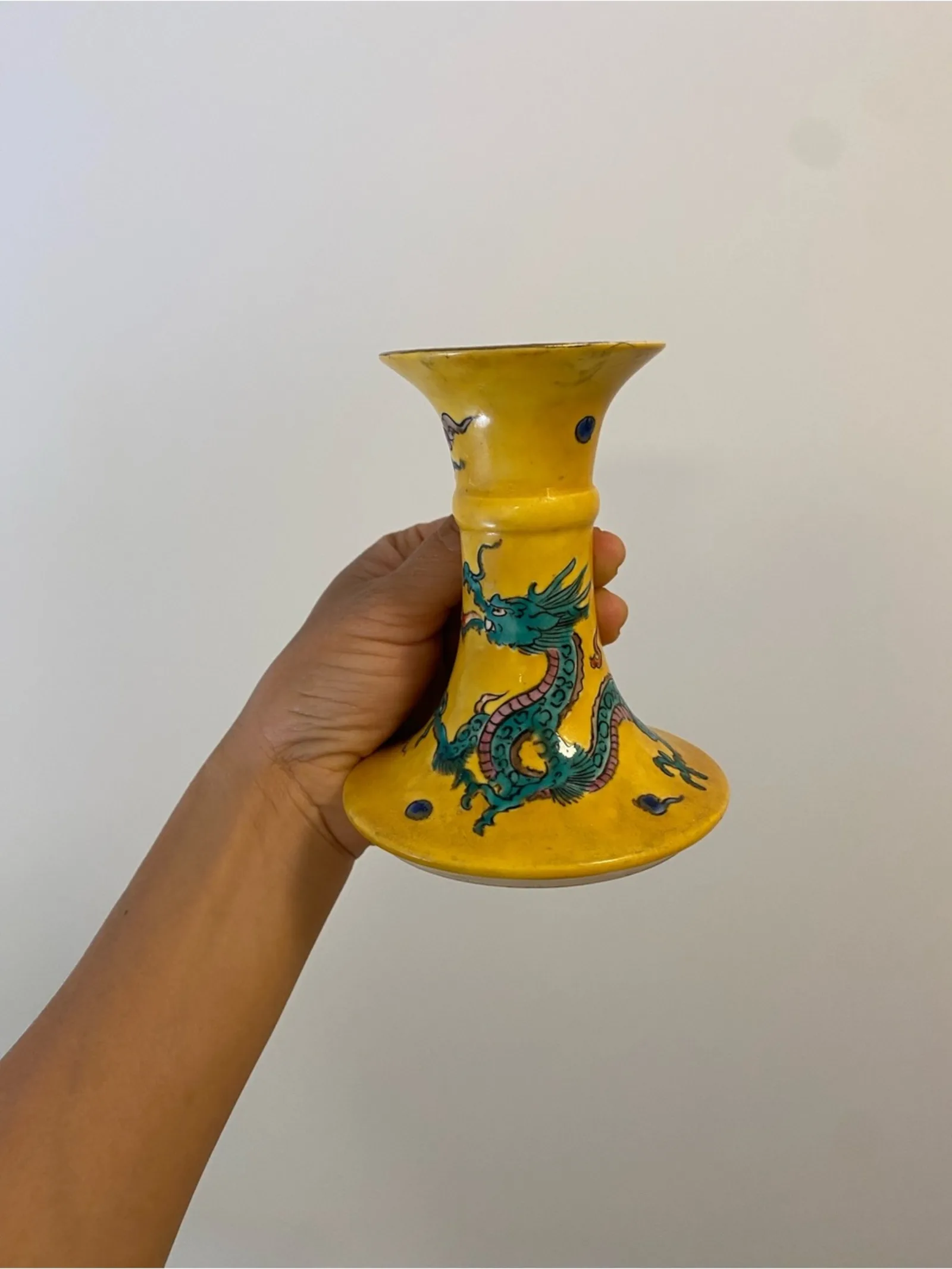 Vintage Japan Yellow Dragon Ceramic candle holder
