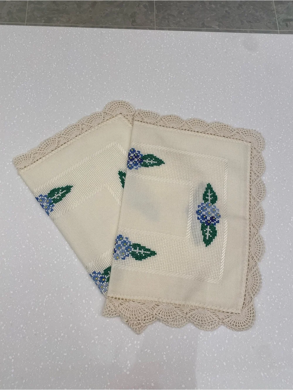 Handmade Cream Cross-Stitch Floral Doily/ Placemat Set With Blue Flowers