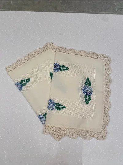 Handmade Cream Cross-Stitch Floral Doily/ Placemat Set With Blue Flowers