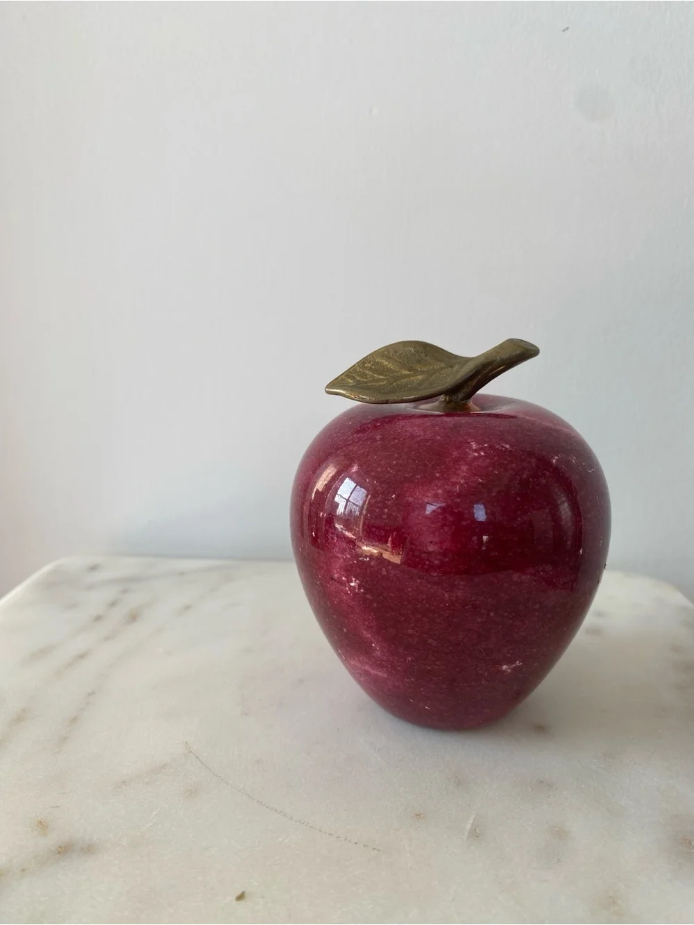 Decorative Burgundy Marble Apple With Brass Leaf