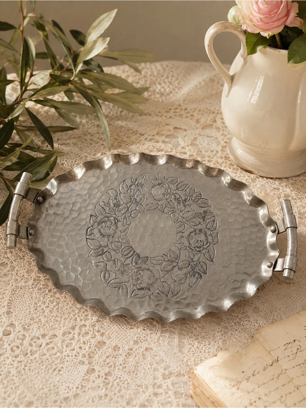 Hand Forged Tray With Rose Engraving