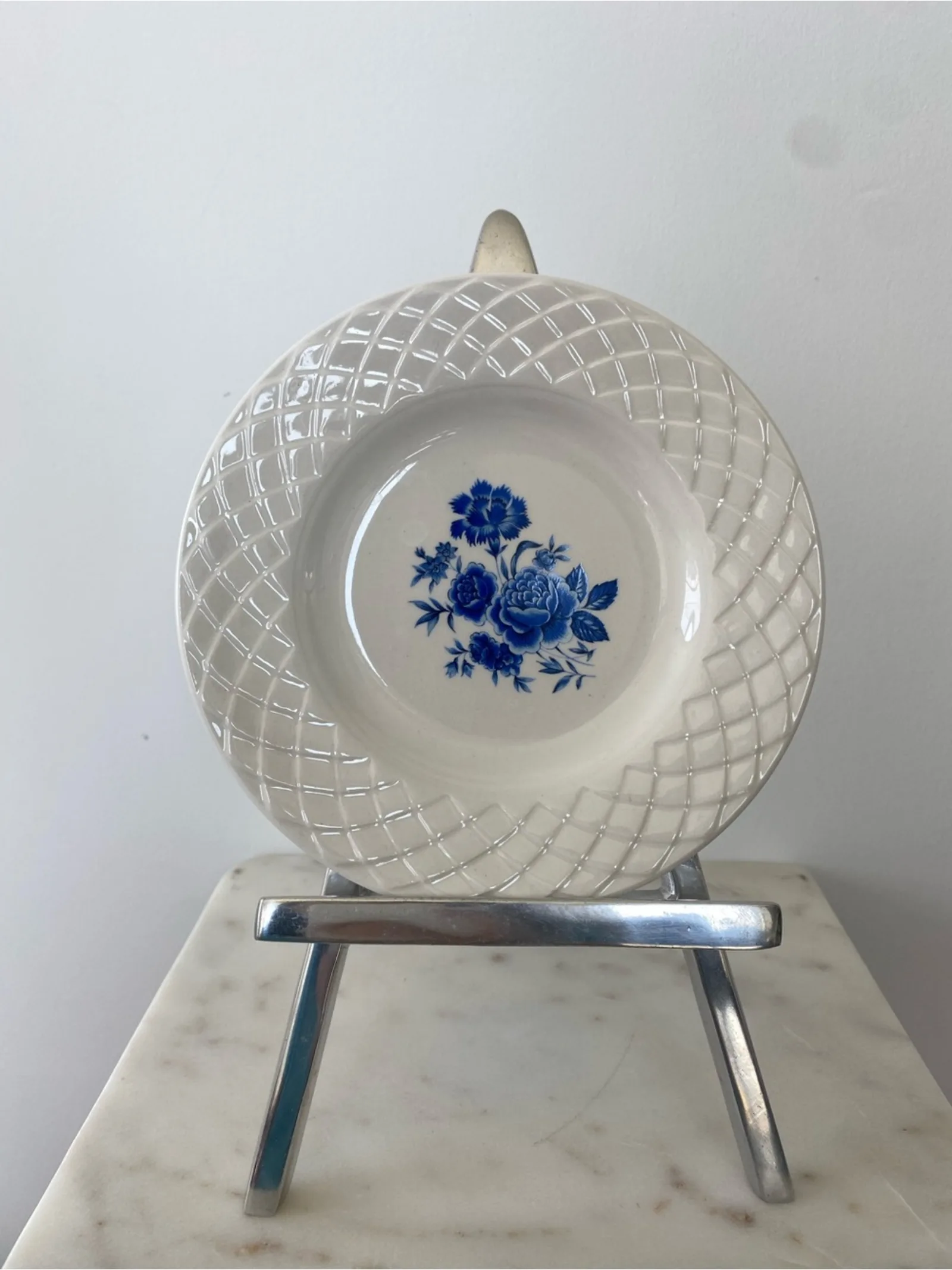 Wedgwood Blue Floral Saucer | Vintage English Bone China | Embossed Lattice Rim