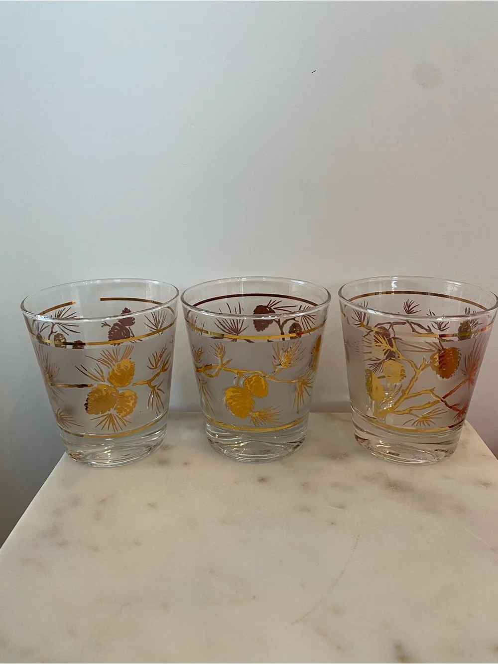 Libbey Glasses, Frosted Pine Cones, 22K Gold Barware, Set Of 3