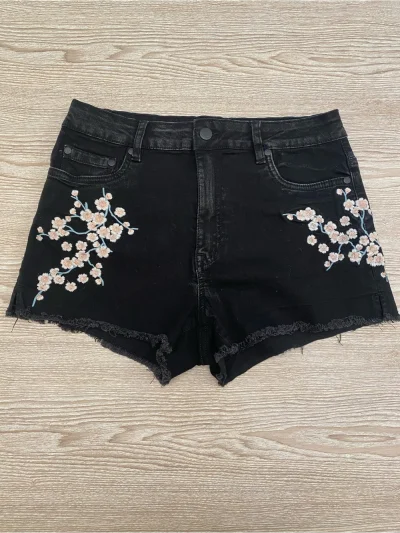 Black Denim Shorts With Cherry Blossom Embroidery