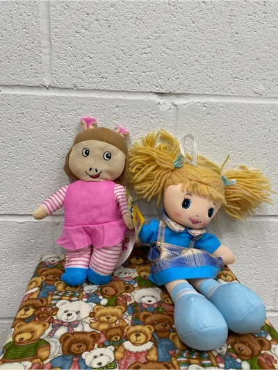 Set Of 2 - Plush Girls' Doll Set - Pink Striped Doll & Blue Pigtail Doll