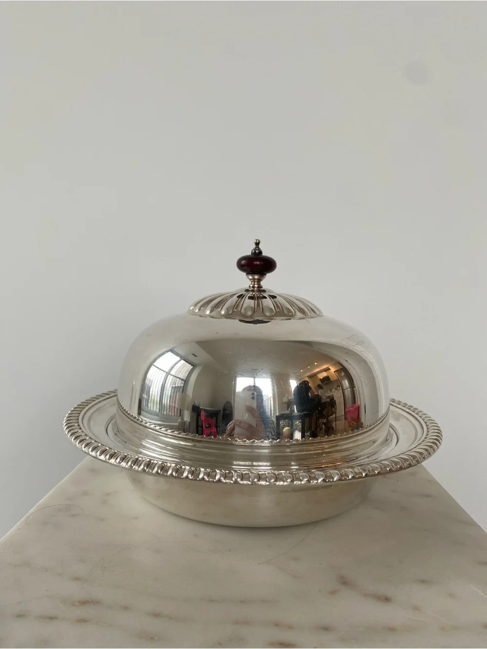 Silver-Plated Covered Butter Dish With Dark Wood Knob