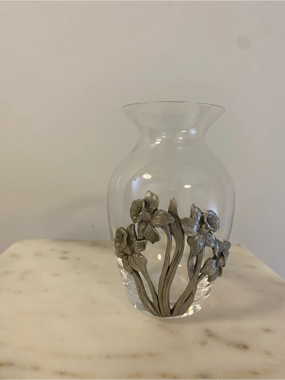 Seagull Hand Blown Glass Posy Vase With Pewter Flower Appliqué Overlay
