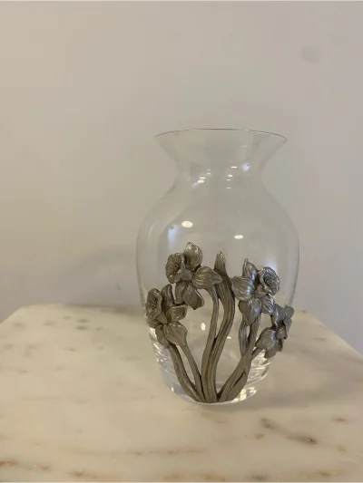 Seagull Hand Blown Glass Posy Vase With Pewter Flower Appliqué Overlay
