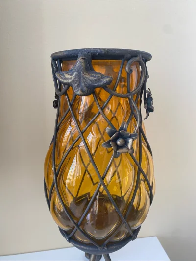 Mcm Wrought Iron Caged Amber Glass Candle Holder
