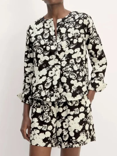 Luxurious New Everlane European Linen Black & Bone Floral Button-Down Blouse