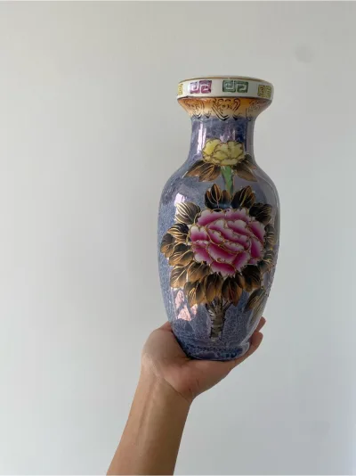 Vintage Hand-Painted Floral Porcelain Vase | Gold Gilt Asian Style Decor
