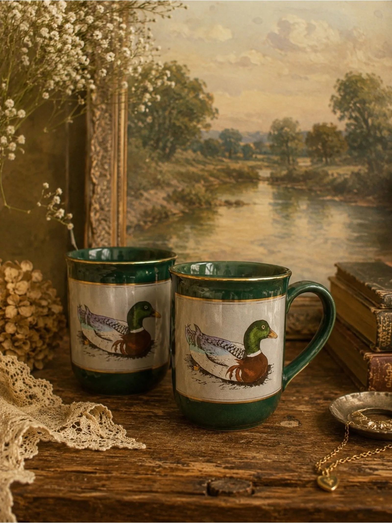 Otagiri Green Mallard Duck Ceramic Coffee Mug - Set of 2