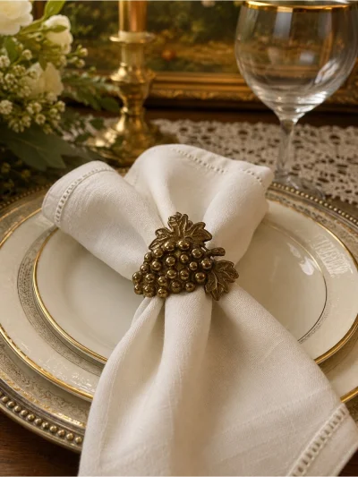 Set Of 6 Brass Napkin Rings - Grapes Rings