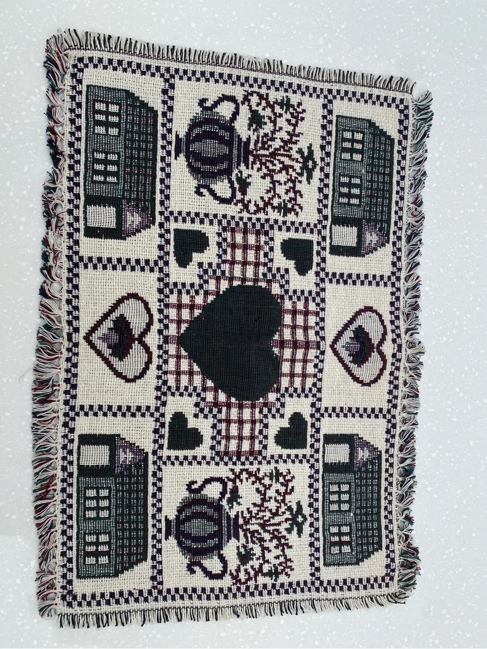 Heart & Cottage Pattern Woven Fabric Placemat With A Folk Art Design
