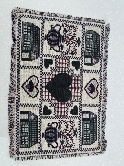 Heart & Cottage Pattern Woven Fabric Placemat With A Folk Art Design