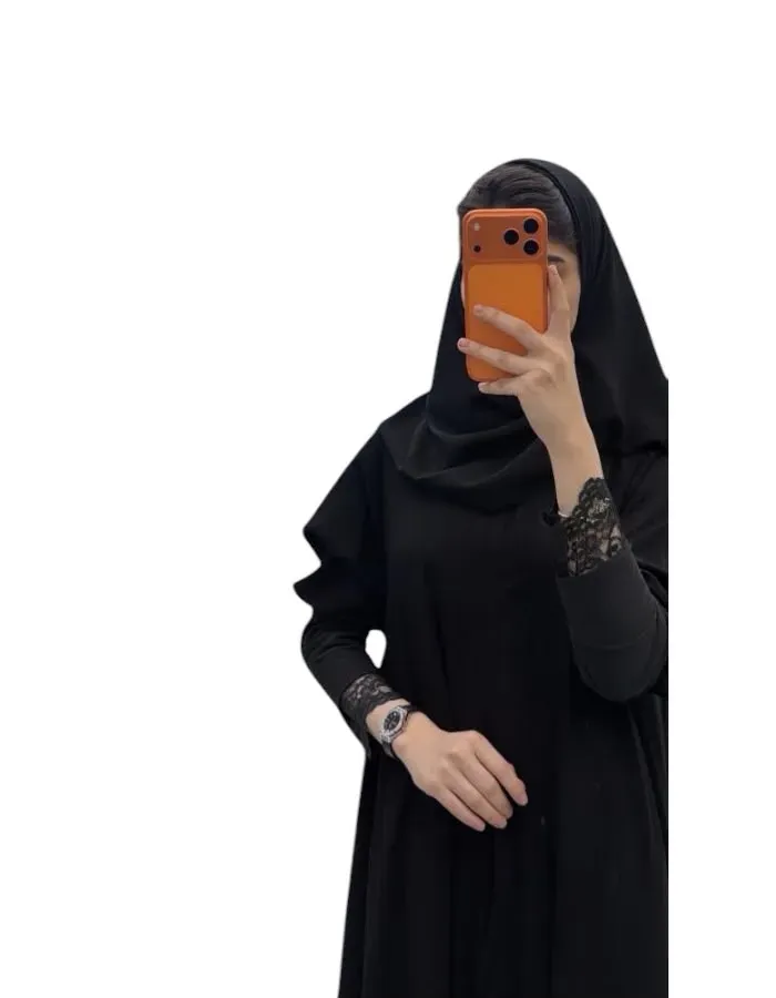 عباية ترف دبل كلوش بقماش ملكي بتدخيل دانتيل كم إسترتش