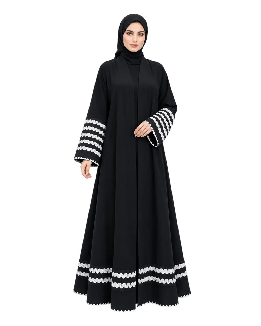 عباية السفيره كلوش قماش ملكي أسود بكلفه مطرزه ابيض وتطريز خطين أسفل