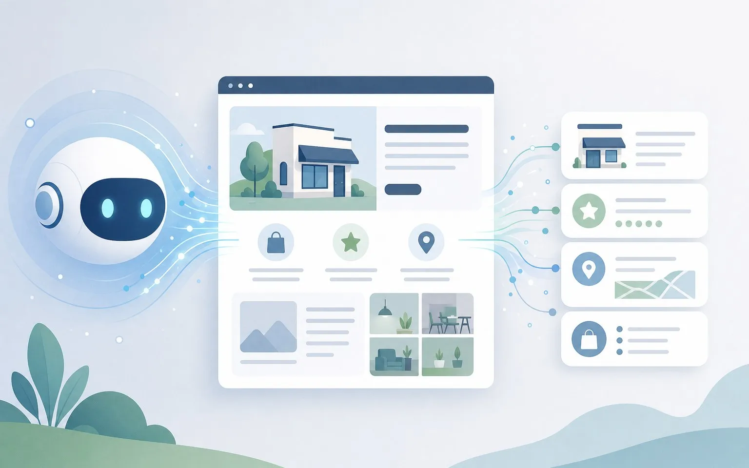 An illustration of AI answer engines reading a small business website to source and describe the business.