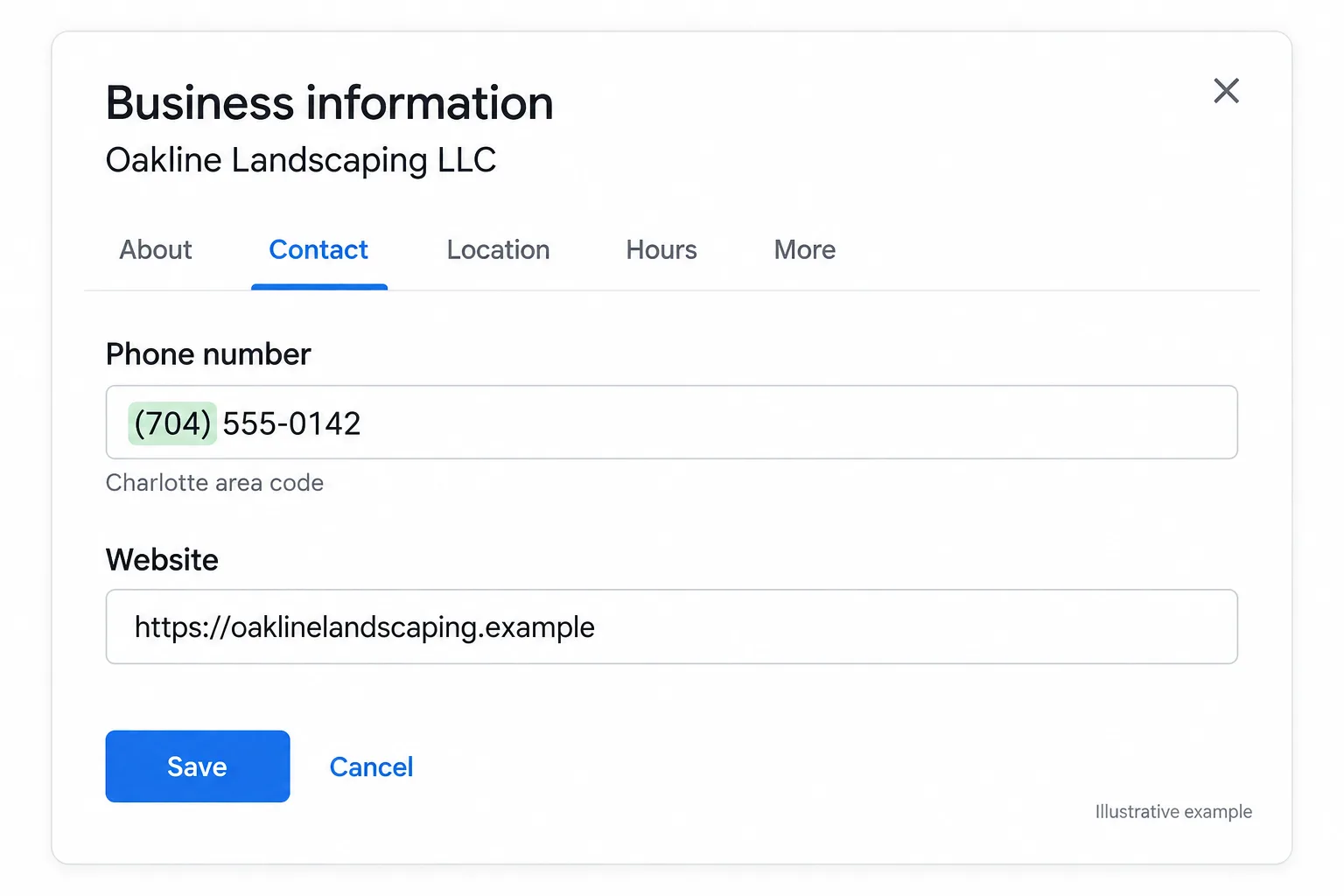 Illustrative example: screenshot of the GBP phone field showing a local area code number