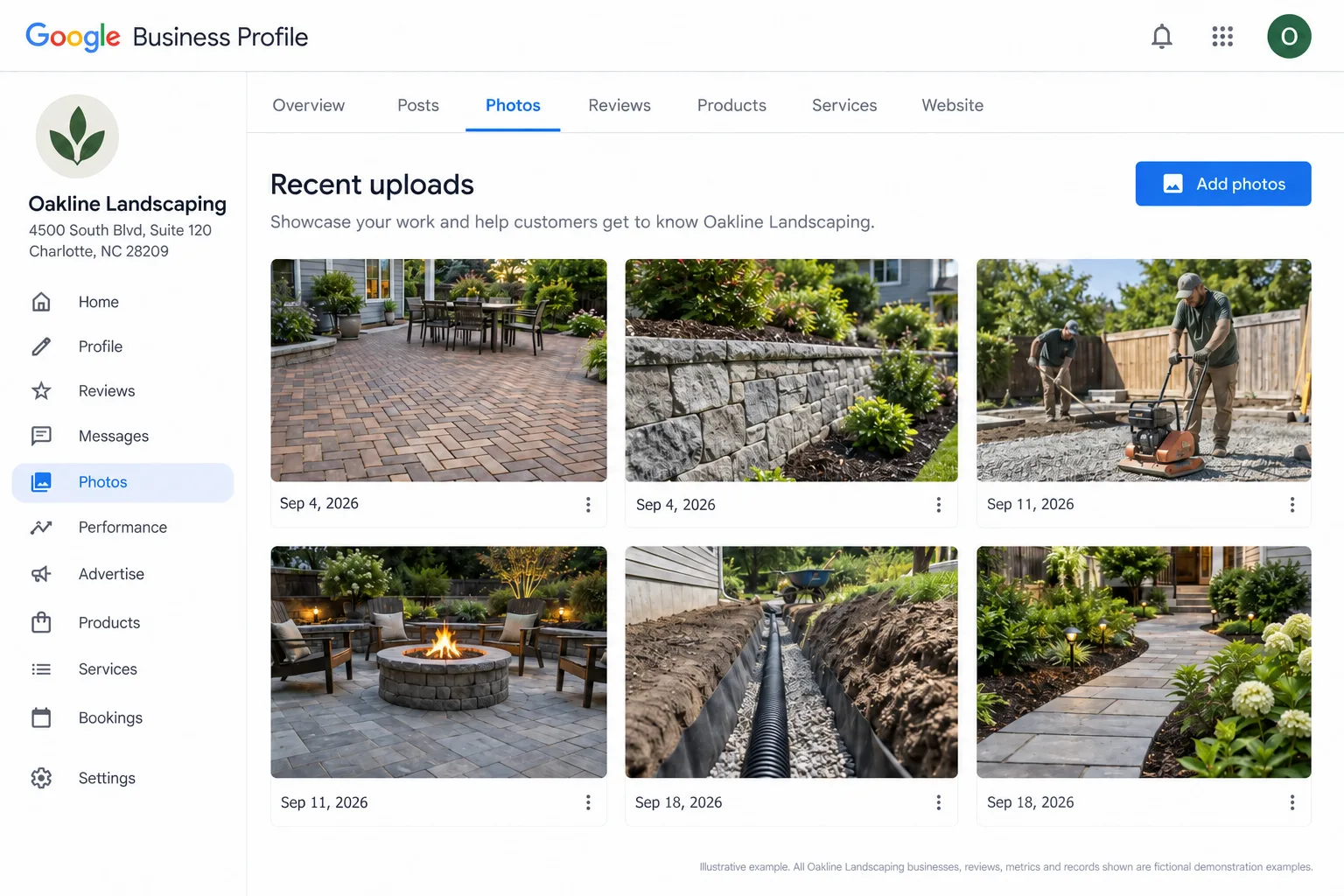Illustrative example: screenshot of the GBP photos tab showing recent, dated job photos