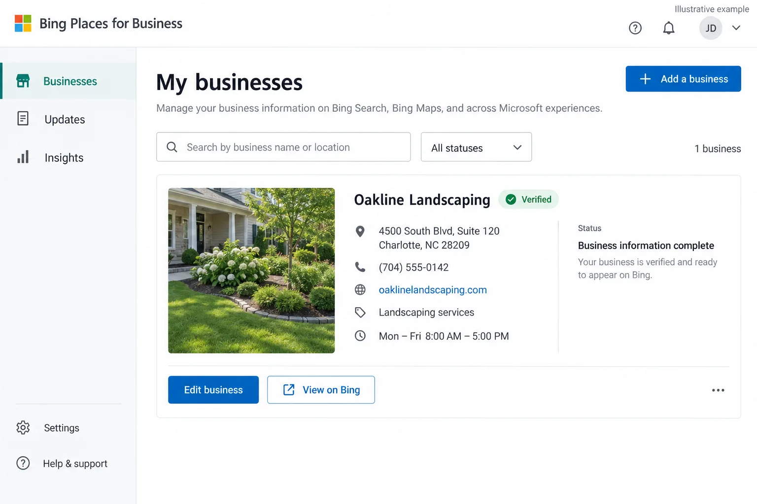 Illustrative example: screenshot of the Bing Places dashboard with the verified listing
