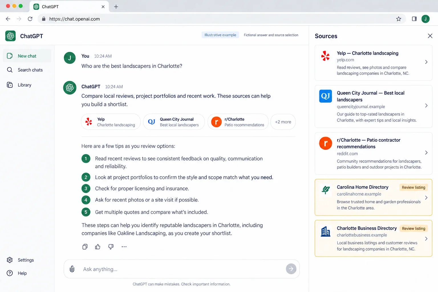 Illustrative example: screenshot of a ChatGPT answer with the sources panel open
