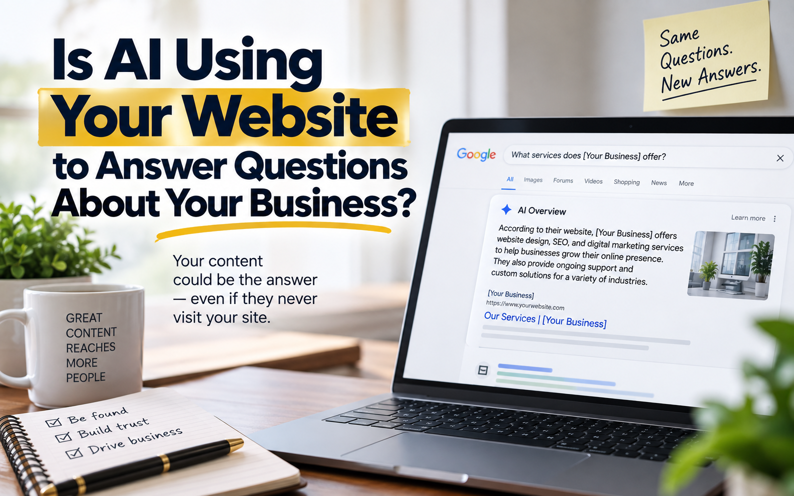 An illustration of AI answer engines reading a small business website to source and describe the business.