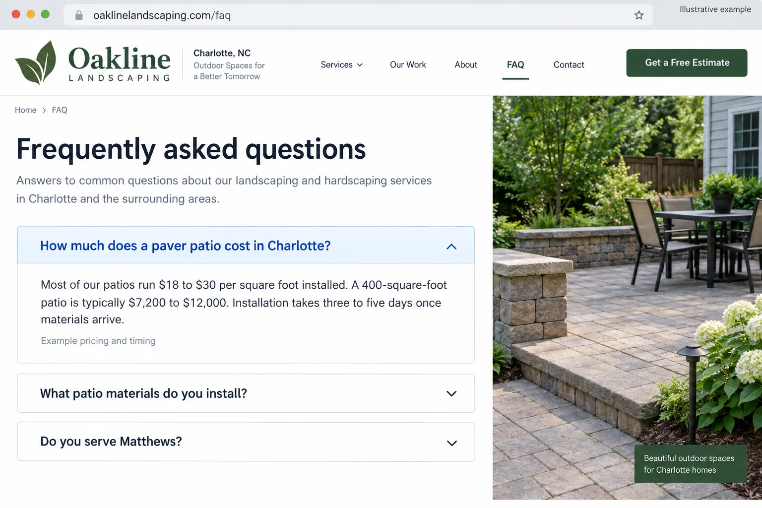 Illustrative example: screenshot of the FAQ page showing a question with a direct, priced answer