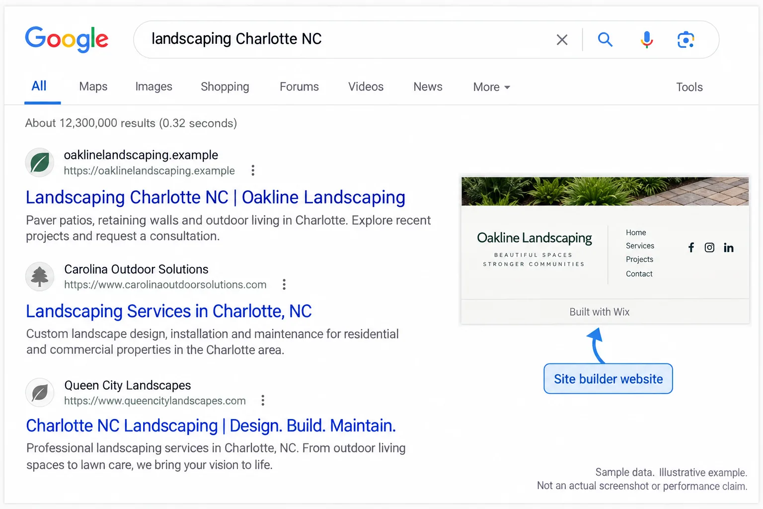 Illustrative example: screenshot of a page-one local result that runs on a site builder