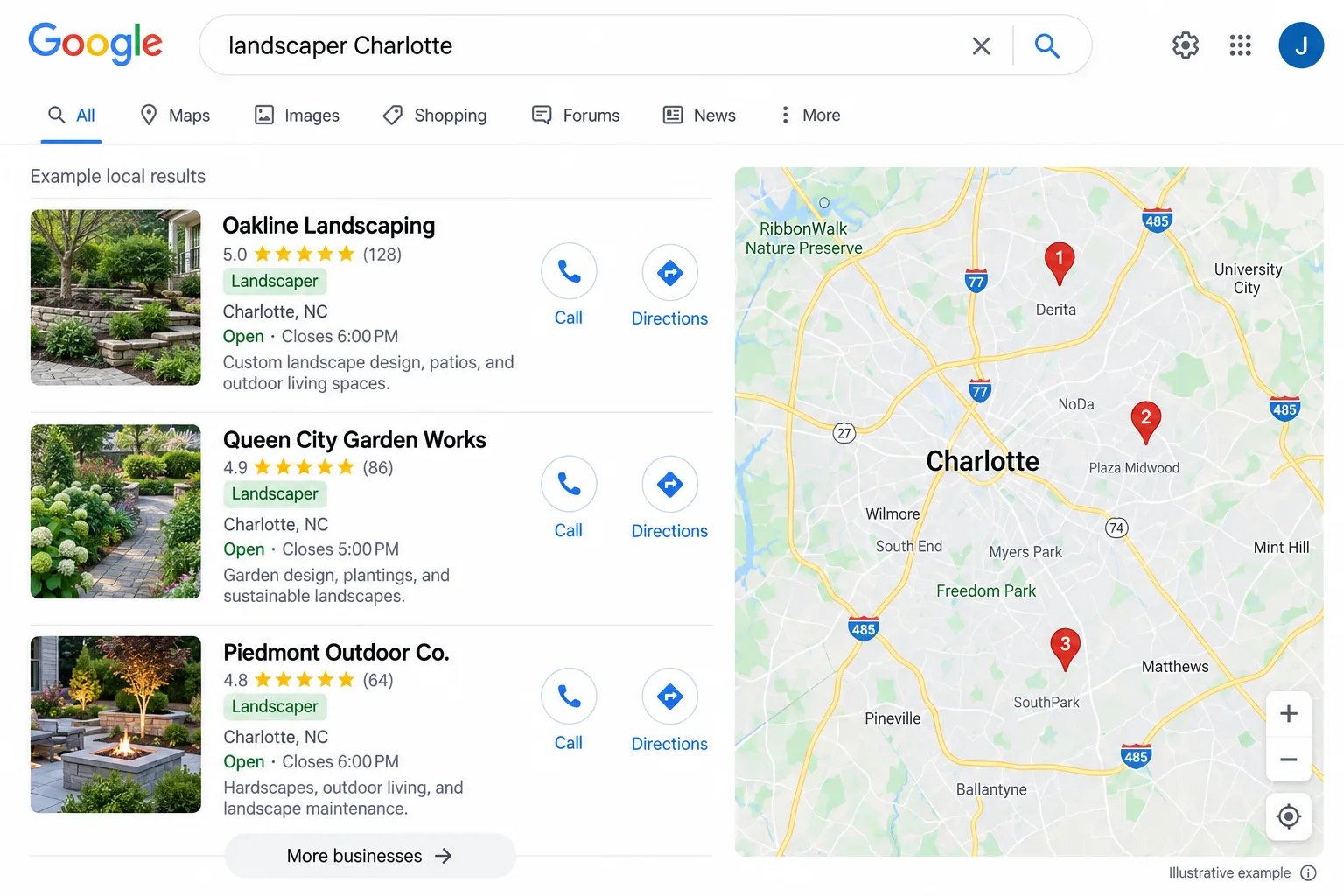 Illustrative example: screenshot of the Map Pack with the primary category visible on each of the top three listings