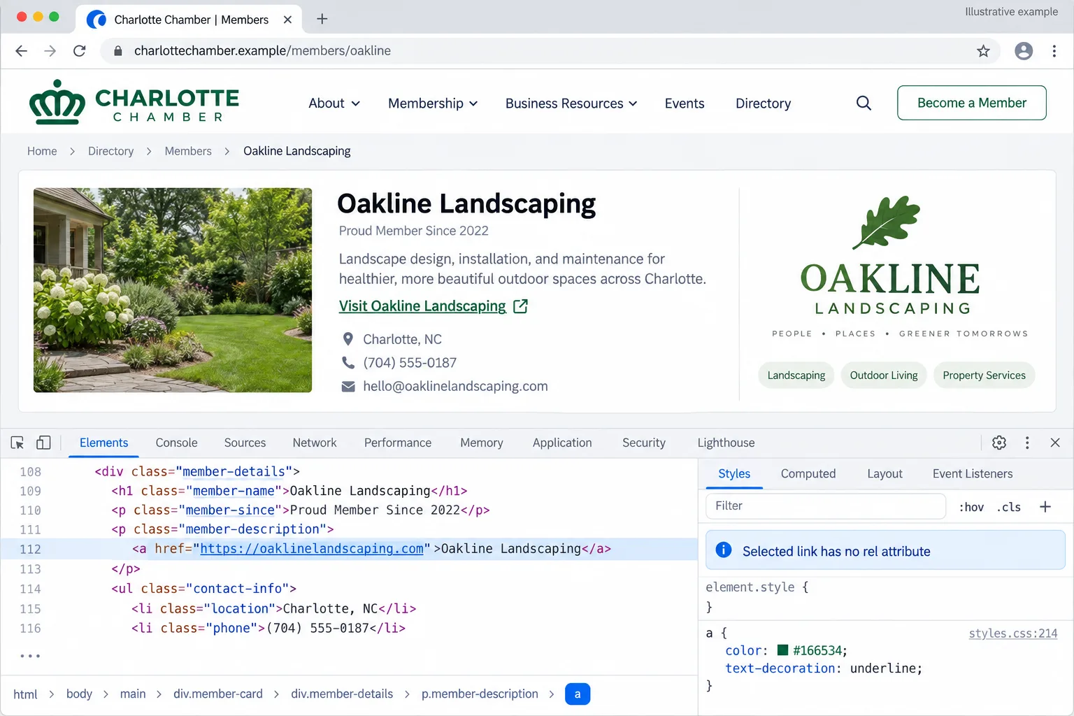 Illustrative example: screenshot of browser developer tools showing a link with no rel="nofollow" attribute