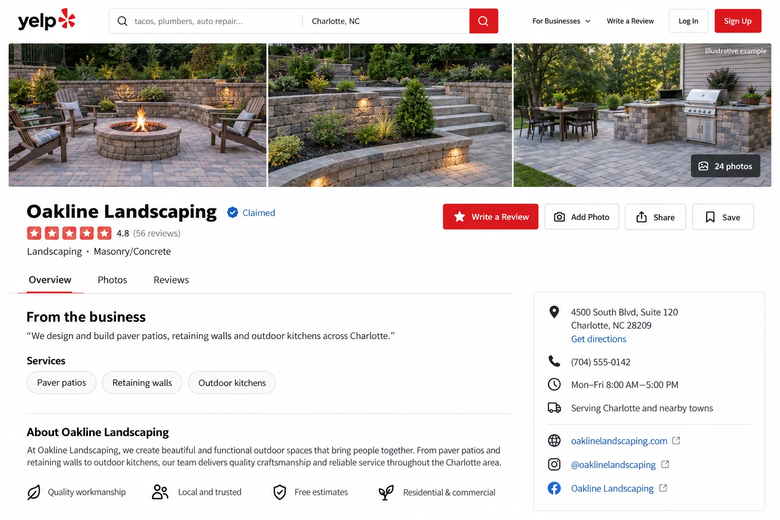Illustrative example: screenshot of a fully completed Yelp business page
