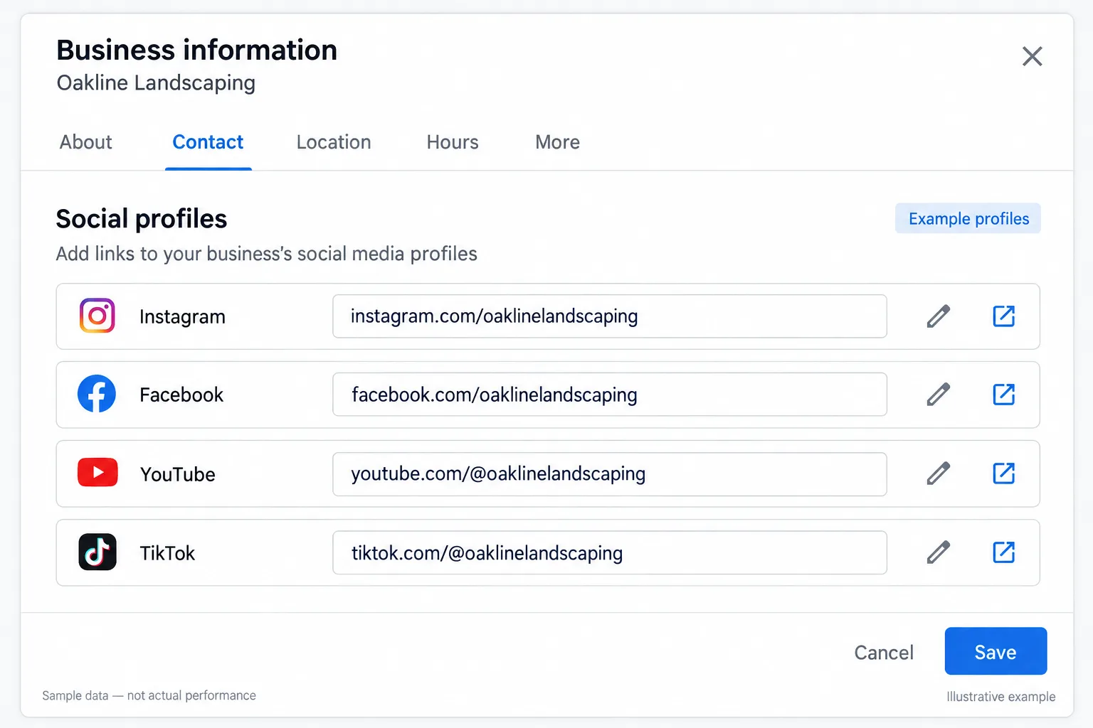 Illustrative example: screenshot of the GBP social profiles section with the links added