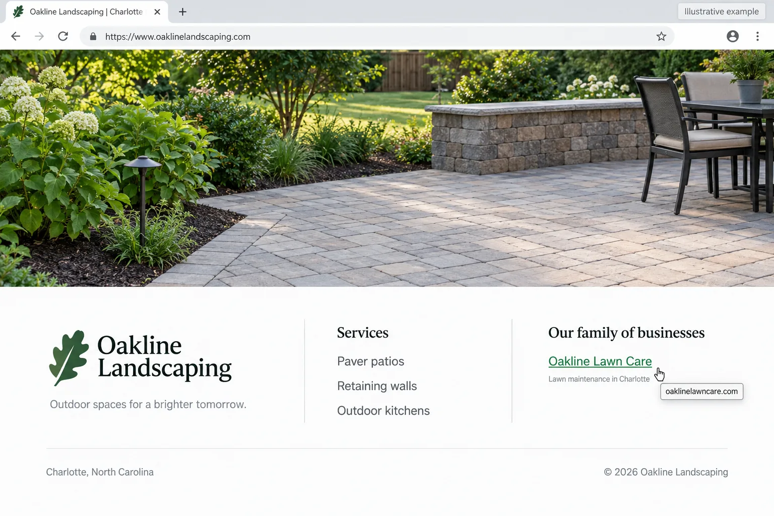 Illustrative example: screenshot of a homepage footer with a link to the sister company
