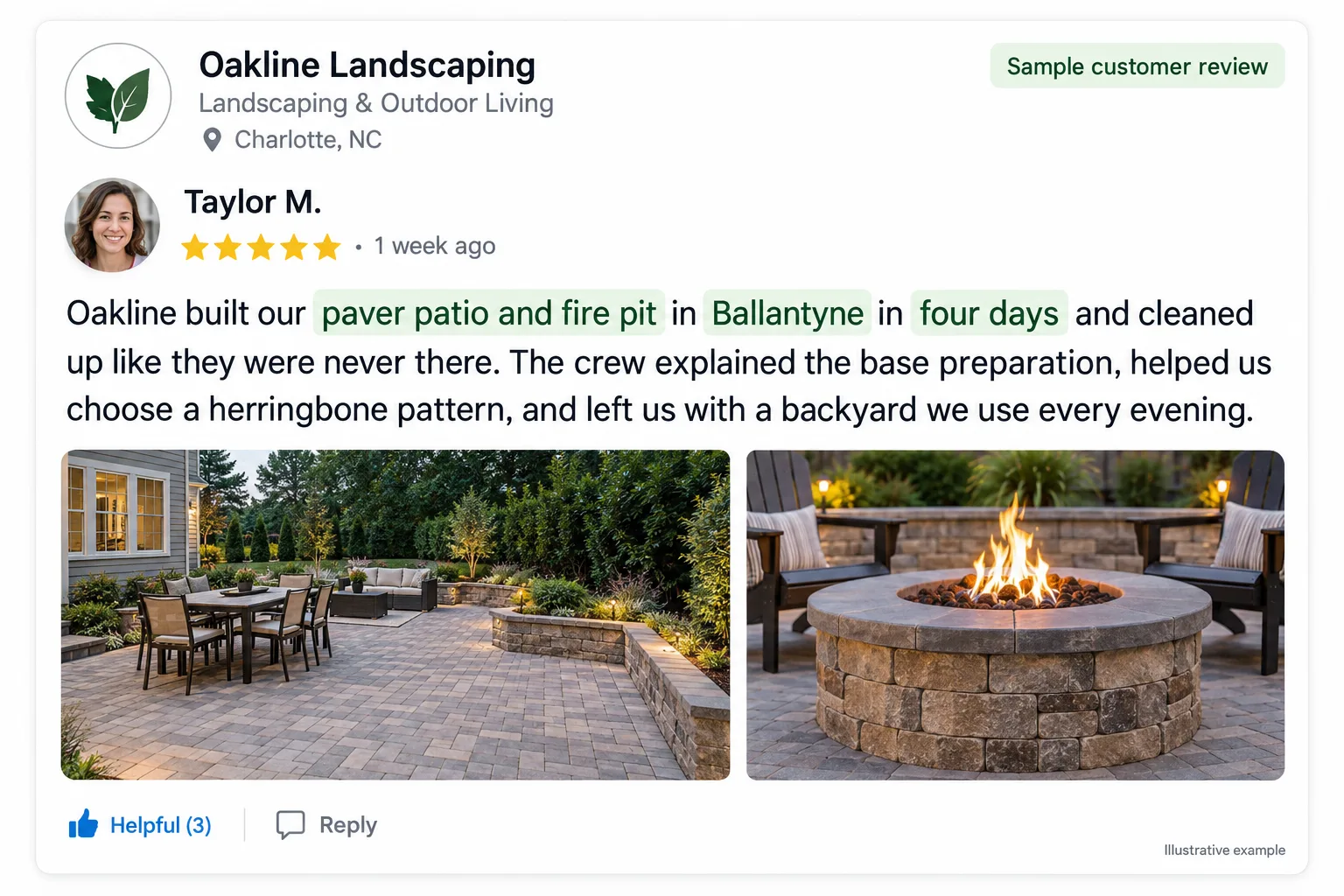 Illustrative example: screenshot of a detailed review that names the project and the neighborhood